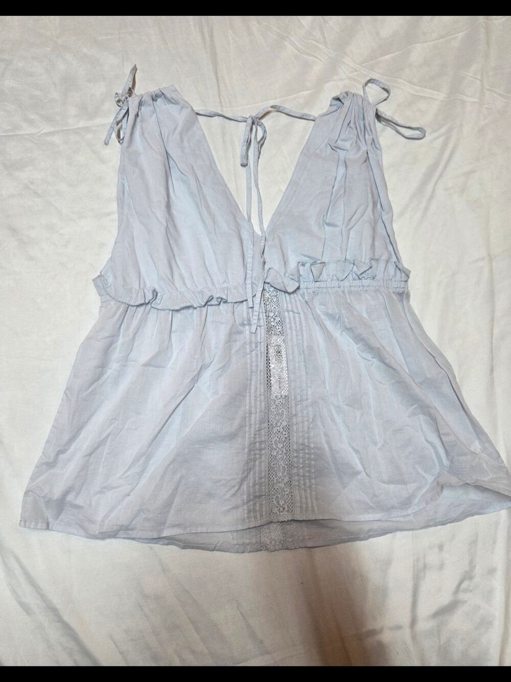 Light Blue Lace-Trim Tie-Back Women's Blouse